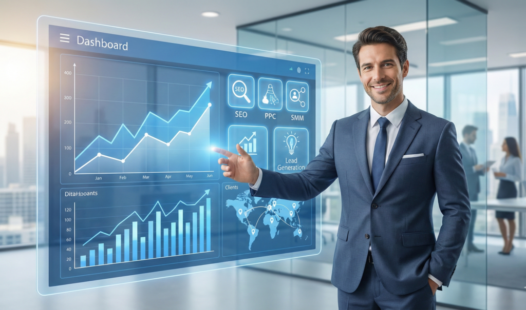 Experienced digital marketing expert presenting business growth analytics and online marketing results