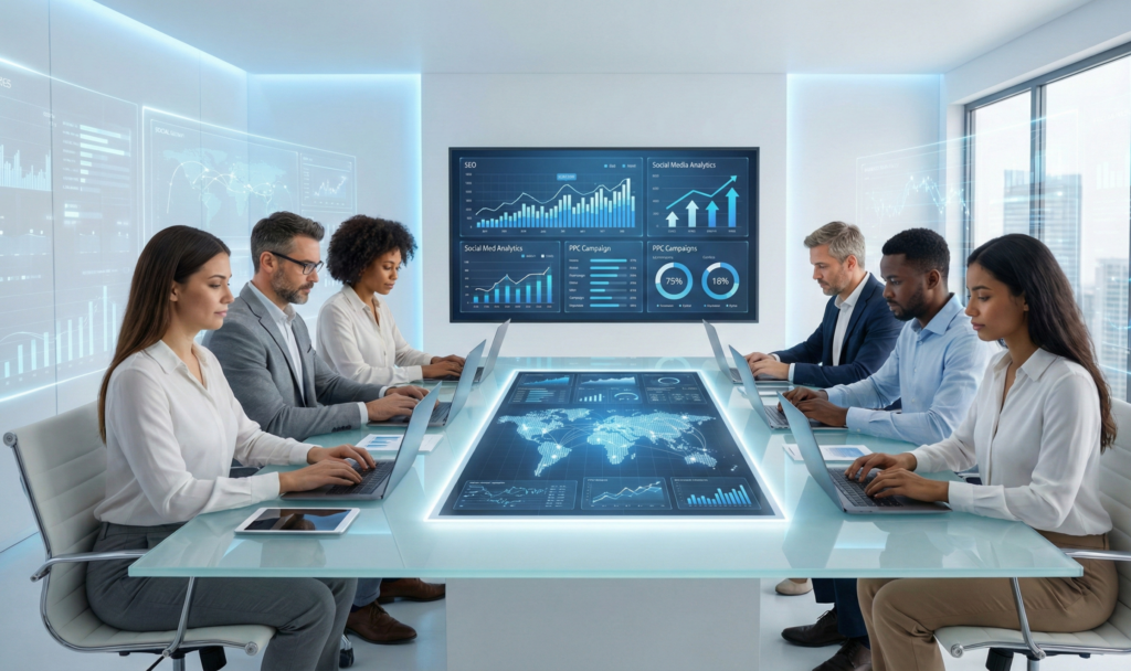 Digital marketing agency team working on global SEO social media and paid advertising strategies