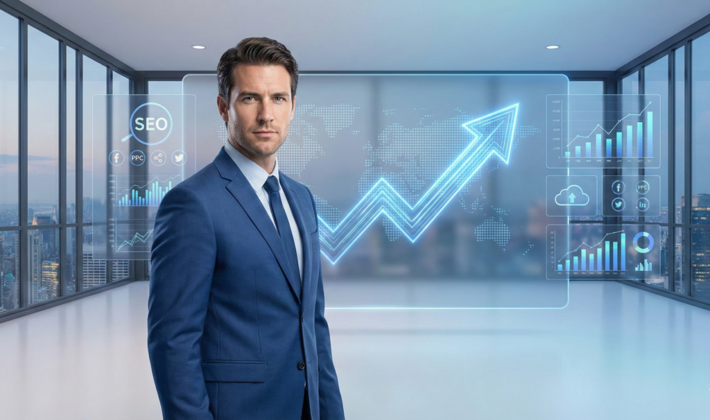 Business growth concept showing digital marketing success and global brand expansion